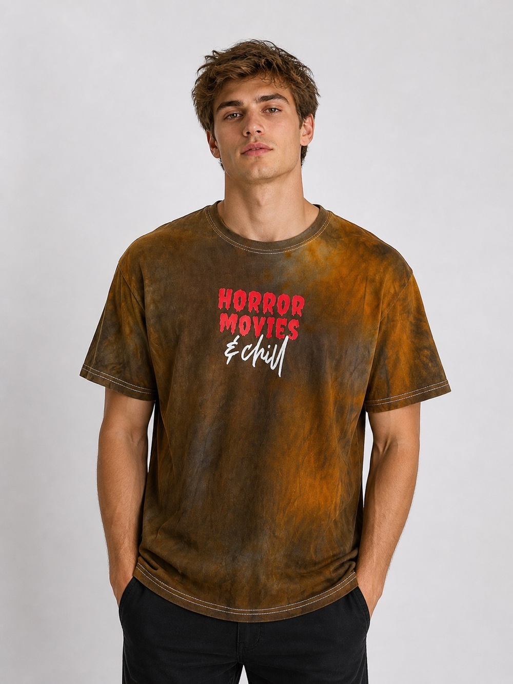 Gildan Ice Dyed Halloween Horror Movies & Chill Tee M